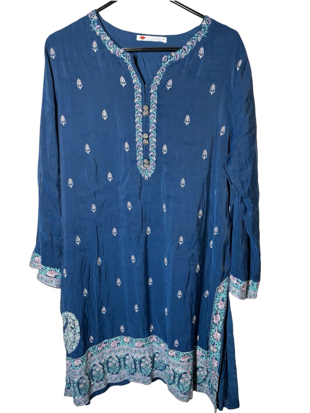 {EUC} KHAADI Blue Embroidered Tunic with Paisley Trim Size 12